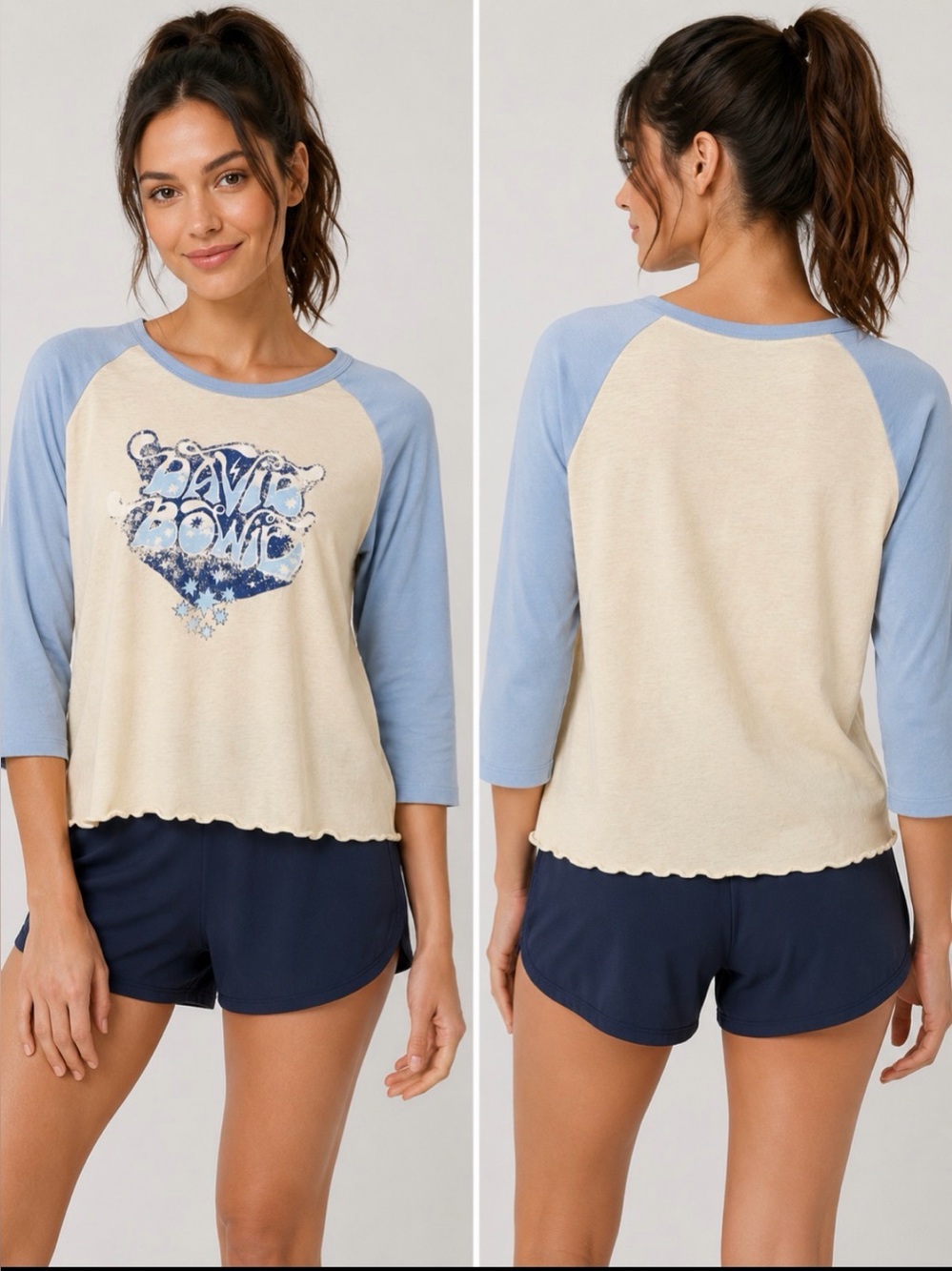 David Bowie Midnight Rider Raglan Baseball Tee Blue Cream L - Picture 3 of 7